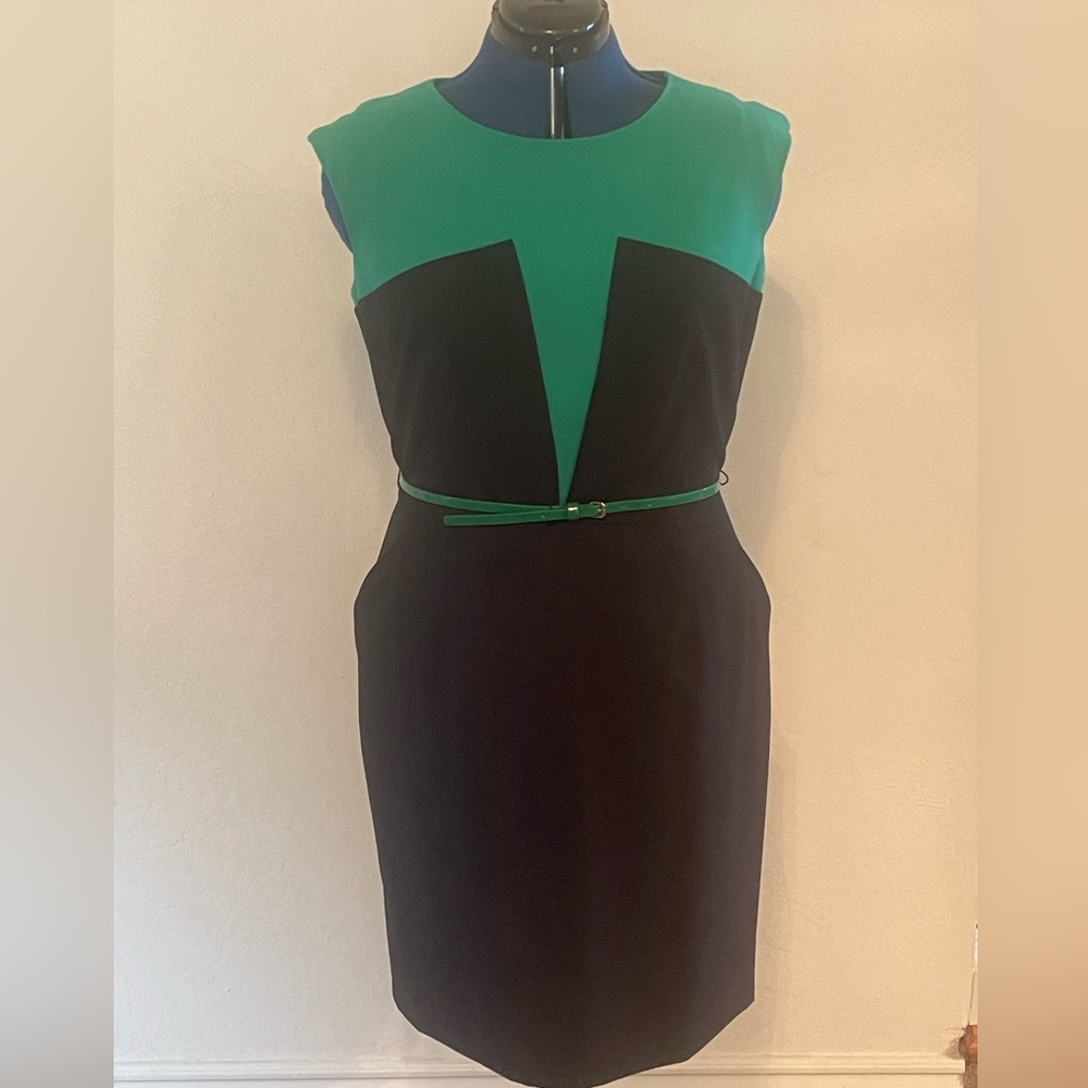 Calvin Klein Green and Black dress with belt. Excellent condition.